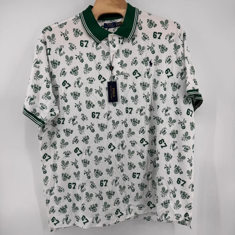 Polo Ralph Lauren Polo Shirt Mens 5XB White Green Tennis Graphic Print New